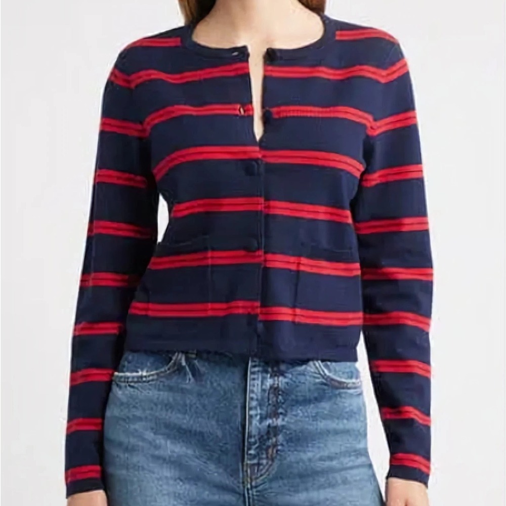 French Connection Padma Stripe Fine Knit Cardigan Hester Royal Blue‎ Womens L